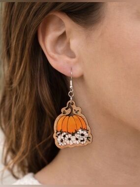 Handmade Wooden Pumpkin Floral Fall Dangle Earrings Hand Painted Rustic Autumn